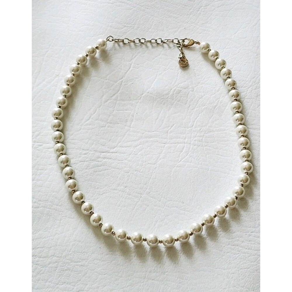 Vintage Signed Anne Klein Faux Pearls Gold Tone Necklace 18”